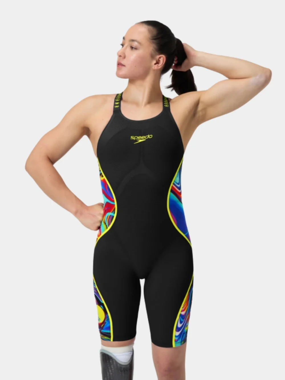 Speedo Women's Fastskin Pure Intent 2.0 Printed Black/Yellow Open Back Kneeskin