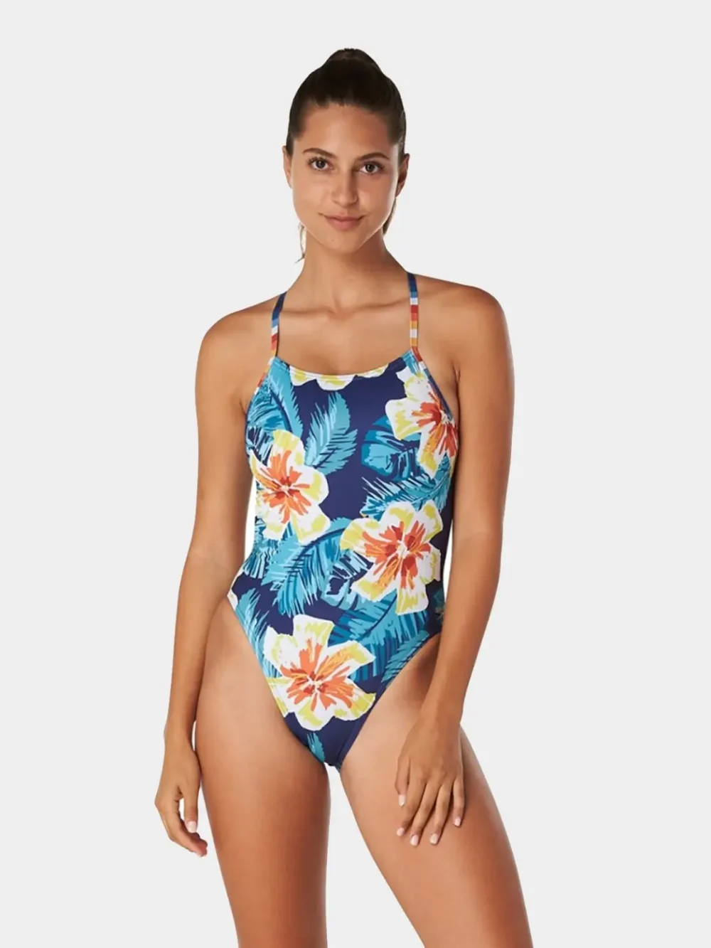 Speedo Women's Moon Flower Printed Double Lace Back One Piece Swimsuit
